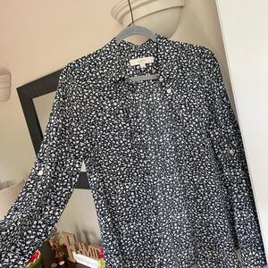 LOFT Navy and White Leaf Print Top